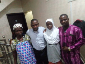 Miss Ganiyat Sanni, after her kidney transplant at Zenith Kidney Centre, Abuja (2nd R), her secondary school teacher, Mr. Gbotifa Oluwadaisi Abiodun (R), her mother and donor of the kidney, Mrs. Iyabo Sanni (L), and a member of Save Sanni Ganiyat Volunteer Group, Comrade Folarin Adegboyega in a courtesy visit at the hospital guest house, Abuja