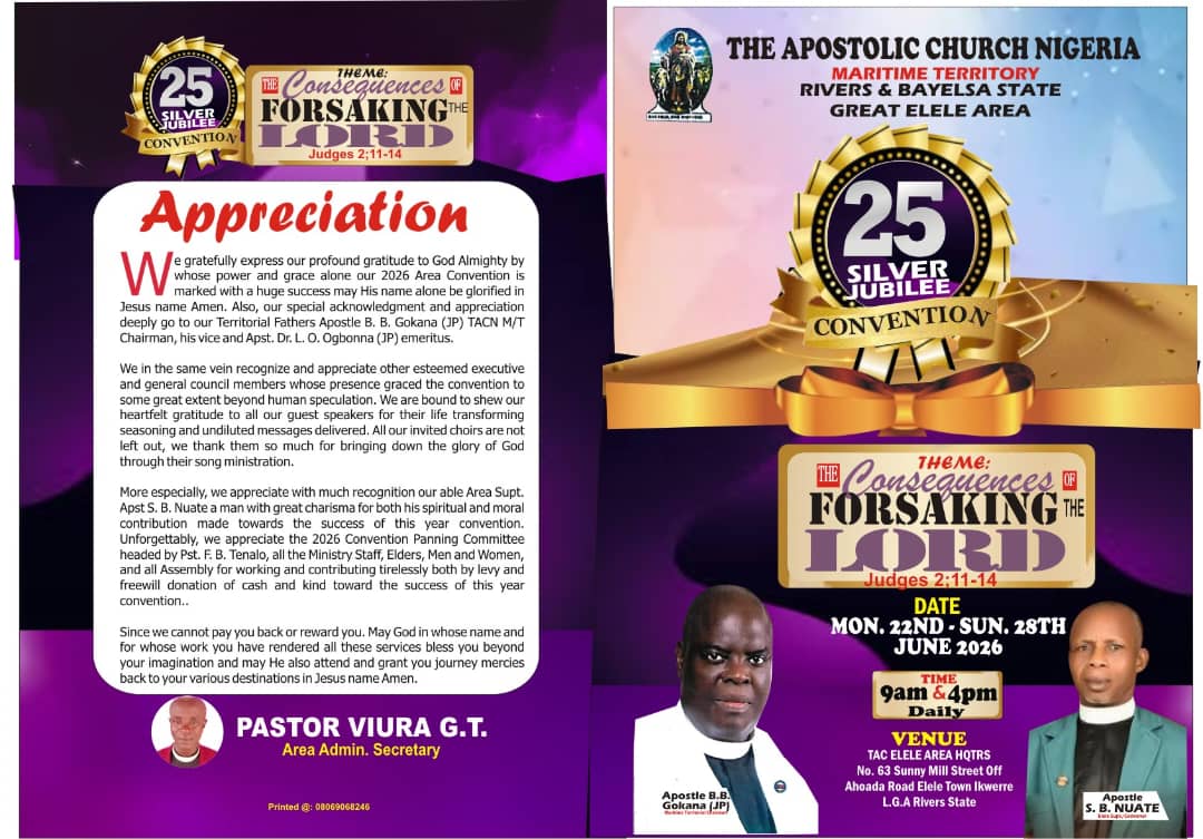 The Apostolic Church Nigeria Silver Jubilee Convention worshippers gathering in Elele, Rivers State
